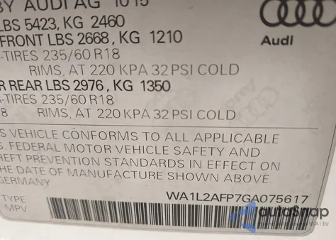 2016 Audi Q5 2.0T Premium z USA, uszkodzony, nr VIN WA1L2AFP7GA075617